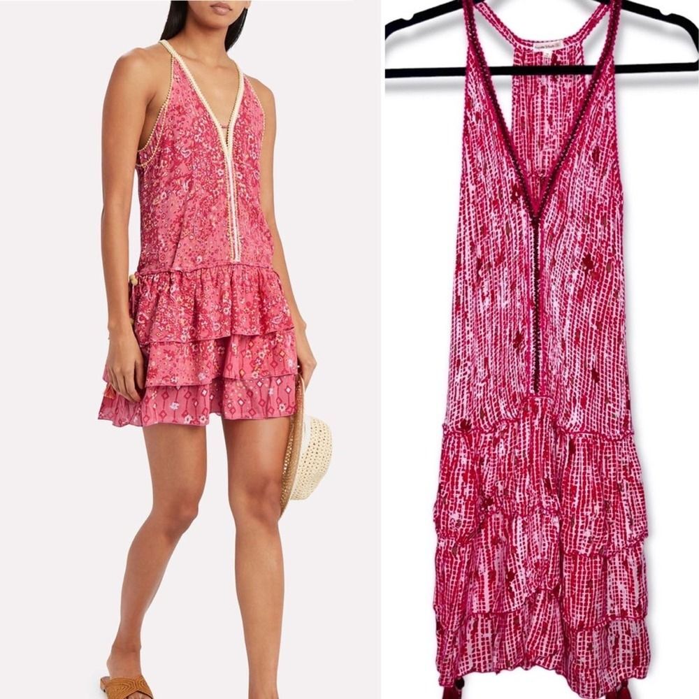 Sz M Poupette St Barth Pink Bety Mini Ruffle Dress Floral Poupette St. Barth